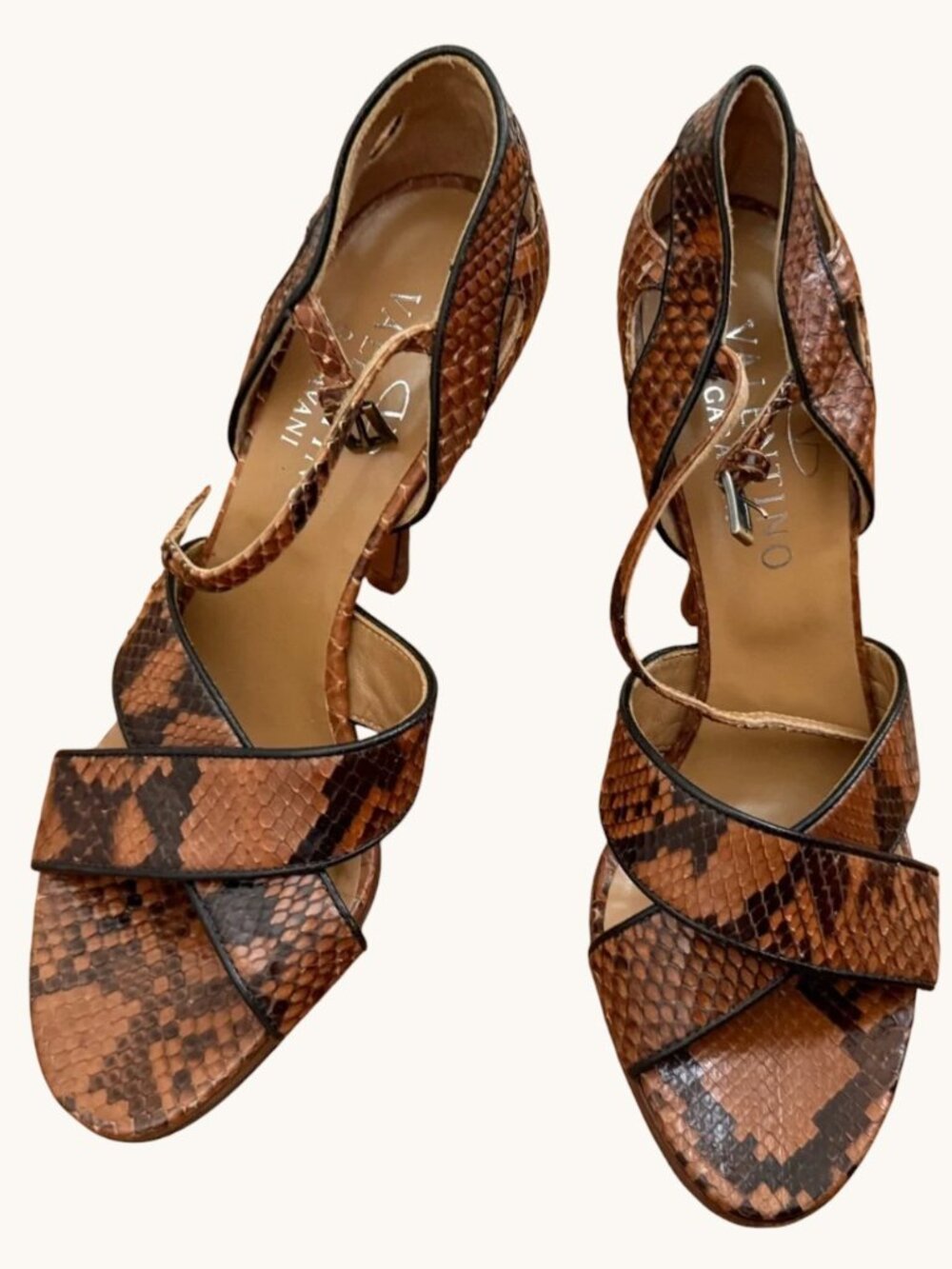Valentino Brown Snake-Print Crisscross Stiletto Sandals